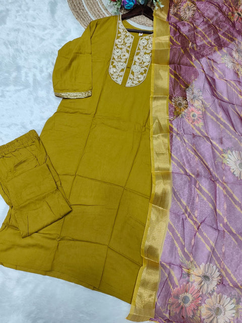 New Heavy Muslim Cotton With Heavy Rayon Cotton With Embroidery Sequence Work Top-Bottom And Dupatta Set