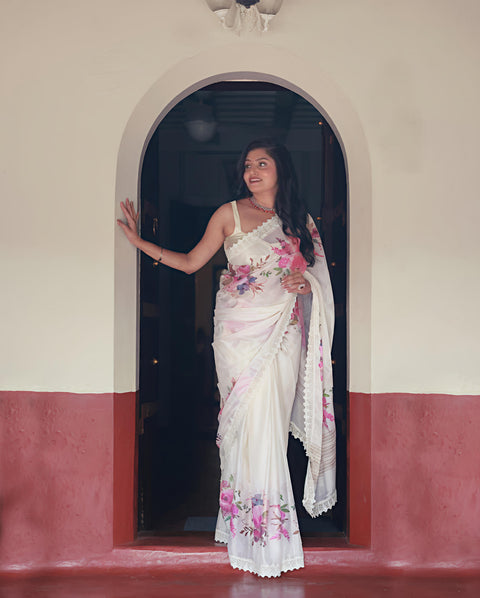 New Heavy  blooming Marsh mellow saree with digital print on allover saree
