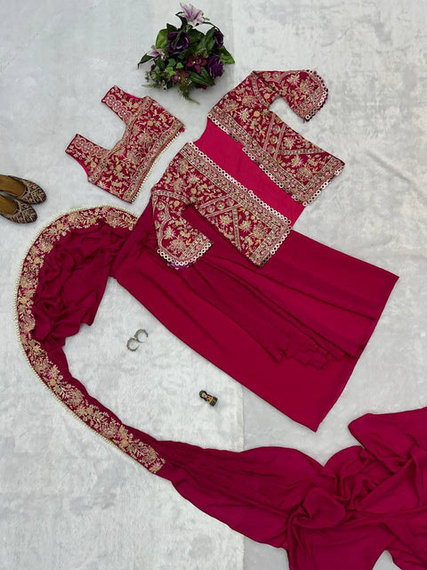 NEW SUPERHIT TRENDING READY TO WEAR SAREE WITH FULLY EMBROIDERED KOTI ON  CHINON FABRIC WITH STITCH BLOUSE
