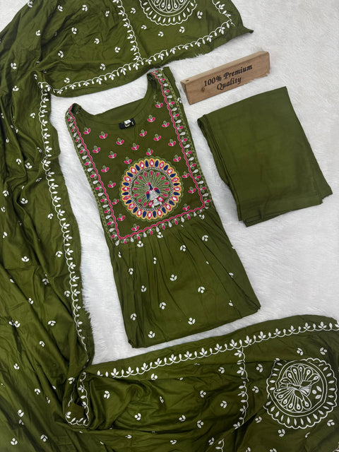 New Pure Printed Rayon cotton with Embroidery work in neck and Sleeves and beautiful Nayraa cut