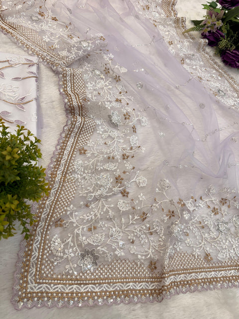 NEW SUPERHIT SAREE ON NYLON NET FABRIC WITH HEAVY EMBROIDERY & CUT-WORK BORDER WITH UNSTITCHED BLOUSE