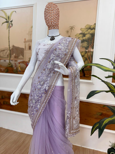 NEW SUPERHIT SAREE ON NYLON NET FABRIC WITH HEAVY EMBROIDERY & CUT-WORK BORDER WITH UNSTITCHED BLOUSE