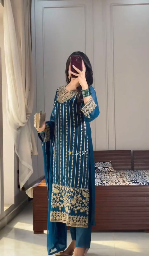 New Designer Party Wear Look Pur Chinon Silk Top Bottom & Dupatta Set