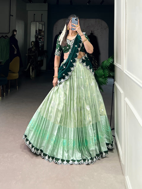 New Zari Weaving Work With Sequins and Thread Embroidery Scallop Lace Border Lehenga choli