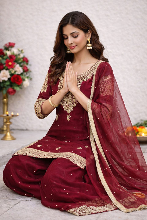 New Designer Party Wear Look Pur Gmy Silk Top Plazzo & Dupatta Set