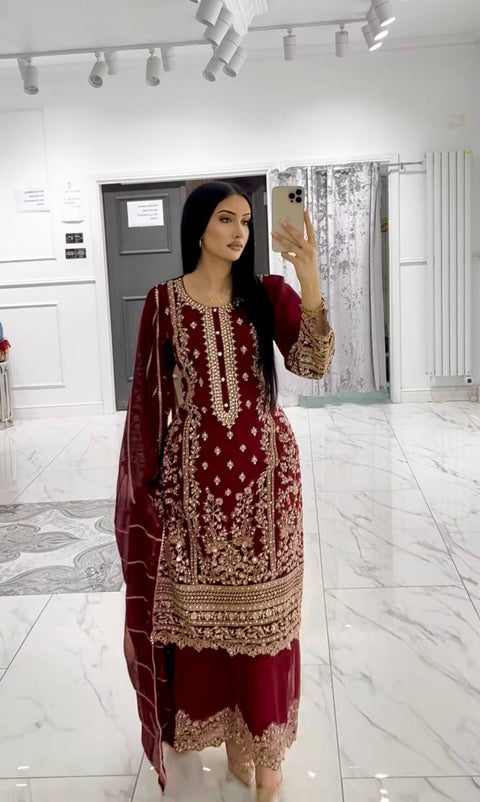 New PRESENTING 3 PIECE STYLISH KURTI, PLAZZO AND DUPATTA WITH BEAUTIFUL EMBROIDERY SEQUENCE WORK