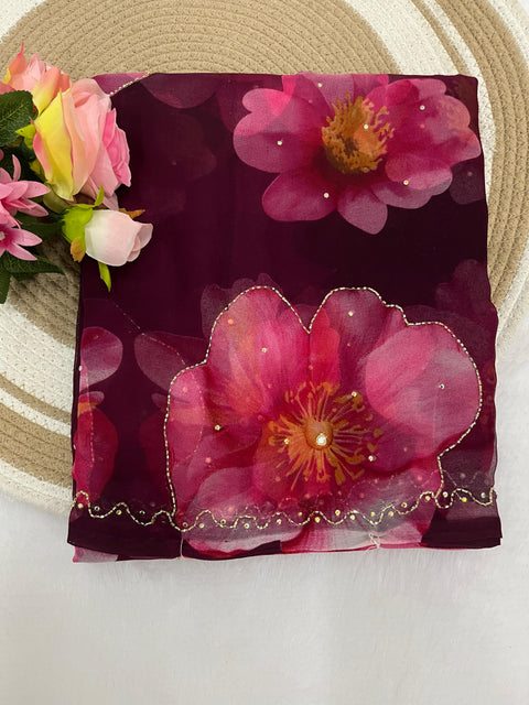 New launching bookingBrush print with hand work saree
