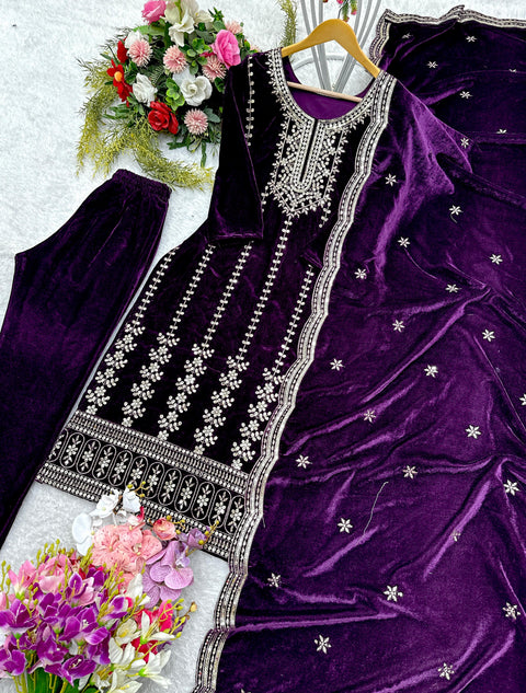 New VelvetFully Stitched Ready To WearTop -Pent  Dupatta Set