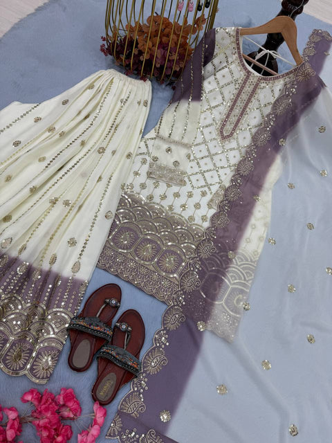 New  Designer Party Wear Look Pur Heavy Dual Tone Peding Star Georgette Top Plazzo & Dupatta Set