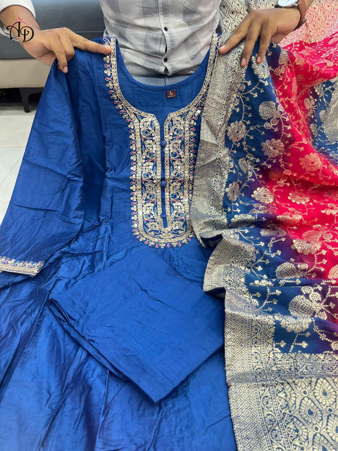 New Banana Silk Anarkali Flared Kurti Pant Dupatta Set