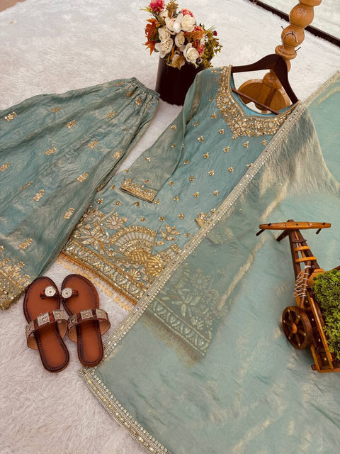 New Pure Fendy Silk With Heavy Embroidery Sequence Work Top-Bottom And Dupatta Set