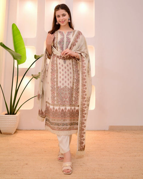 New Heavy Muslim simmer  With Heavy Digital Print With lace works Top-Bottom And Dupatta Set