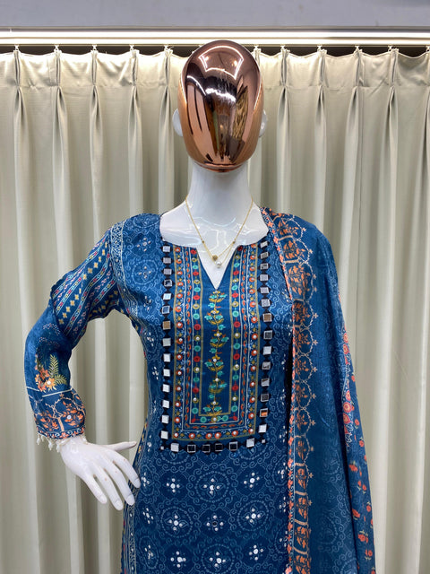 New DESIGNER WEAR PRINTED TOP WITH PANT PAIR IN REAL MIRROR AND DIAMOND WORK