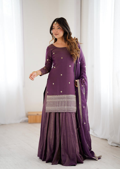 NEW HIGH PREMIUM QUALITY PURE ROMANSHIMMER CHANDERI SILK FABRIC KURTA WITH FULLY FLARE LAHENGA WITH DUPPTA SET