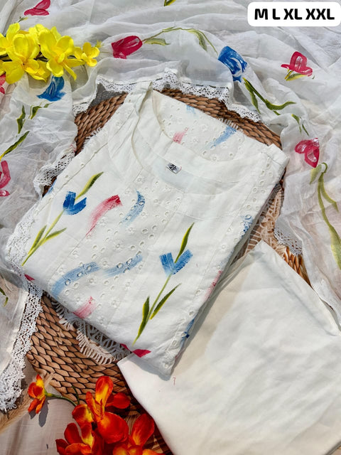 New Heavy premium chicken shifli cotton fabric Kurti with hand printed kurti and Pant