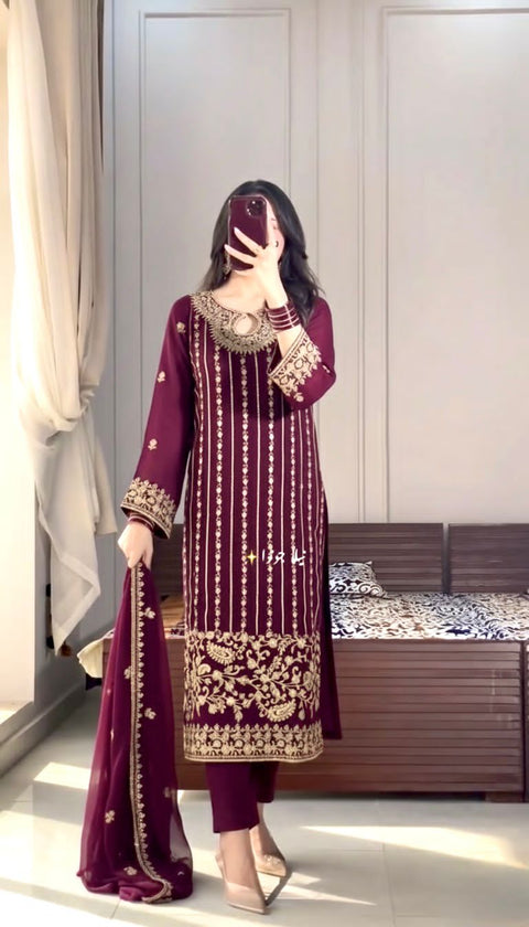 New Designer Party Wear Look Pur Chinon Silk Top Bottom & Dupatta Set