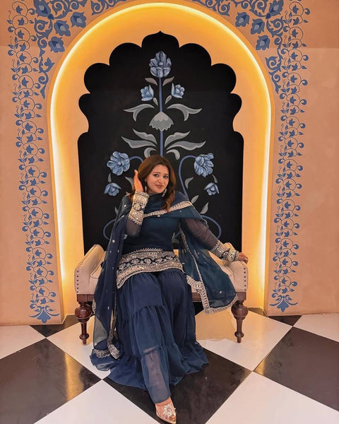 New Exclusively  Festive & Party Wear Heavy Fox Georgette With With Embroidery Sequence Work Top -Palazzo And Dupatta Set
