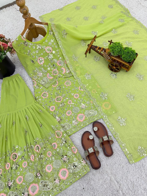 New Designer Collection In Pure Heavy Faux Georgette With Heavy Embroidery Sequence Work Top-Bottom And Dupatta Set Fully Stitched Ready To Wear