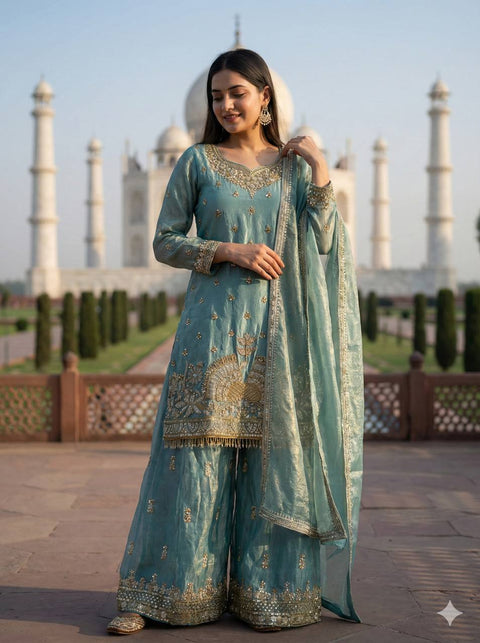 New Pure Fendy Silk With Heavy Embroidery Sequence Work Top-Bottom And Dupatta Set