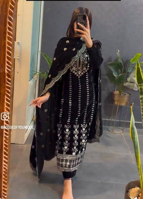 New VelvetFully Stitched Ready To WearTop -Pent  Dupatta Set
