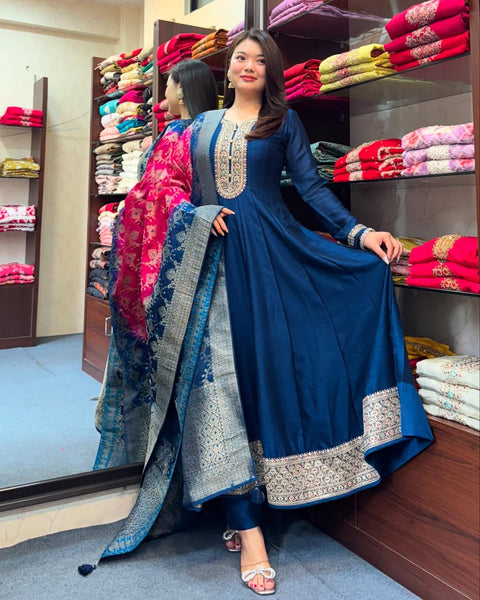 New Banana Silk Anarkali Flared Kurti Pant Dupatta Set
