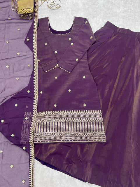 NEW HIGH PREMIUM QUALITY PURE ROMANSHIMMER CHANDERI SILK FABRIC KURTA WITH FULLY FLARE LAHENGA WITH DUPPTA SET