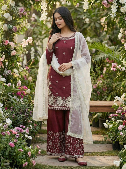 New Designer Collection In GMY SILK With Heavy Embroidery Sequence Work Top-Bottom And Dupatta Set Fully Stitched Ready To Wear
