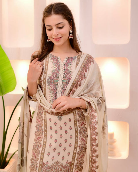 New Heavy Muslim simmer  With Heavy Digital Print With lace works Top-Bottom And Dupatta Set