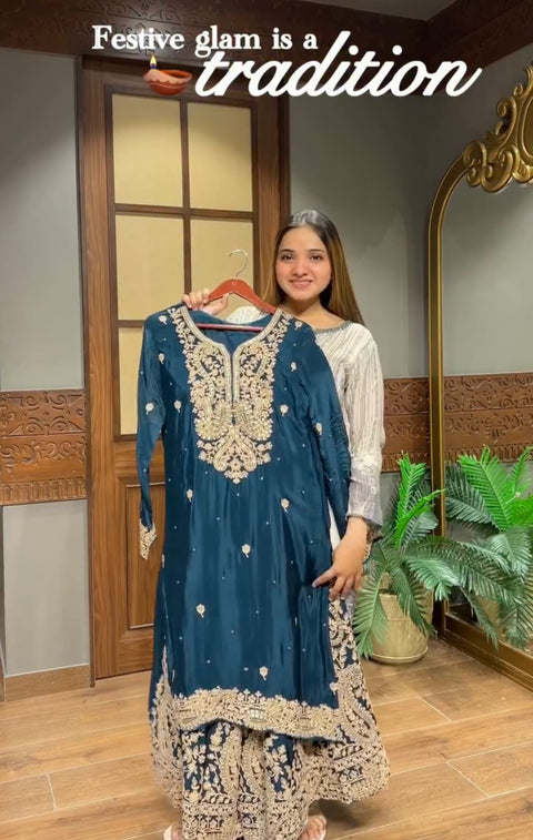 NEW Launching Designer Party WearHeavy Chinon Silk Plazo with Dupatta