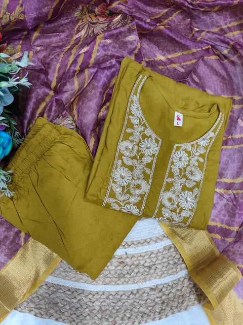 New Heavy Muslim Cotton With Heavy Rayon Cotton With Embroidery Sequence Work Top-Bottom And Dupatta Set