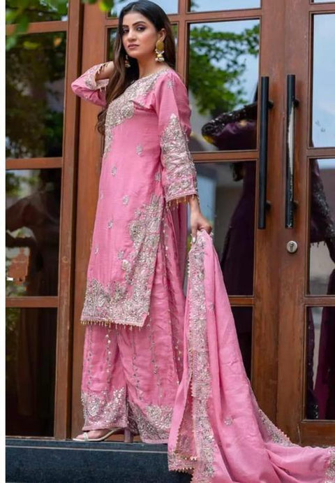 New Pure Heavy Chinnon Silk With  Heavy Embroidery moti Sequence Work With Full Embroidery Sleeve