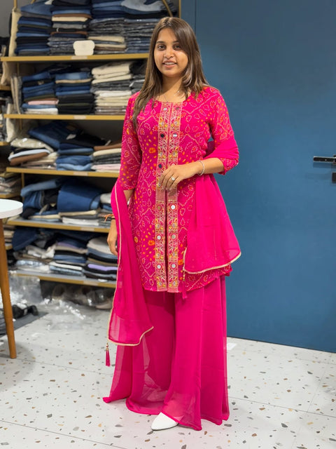 New Beautiful Purple And Pink Bandhani Printed Plazo set