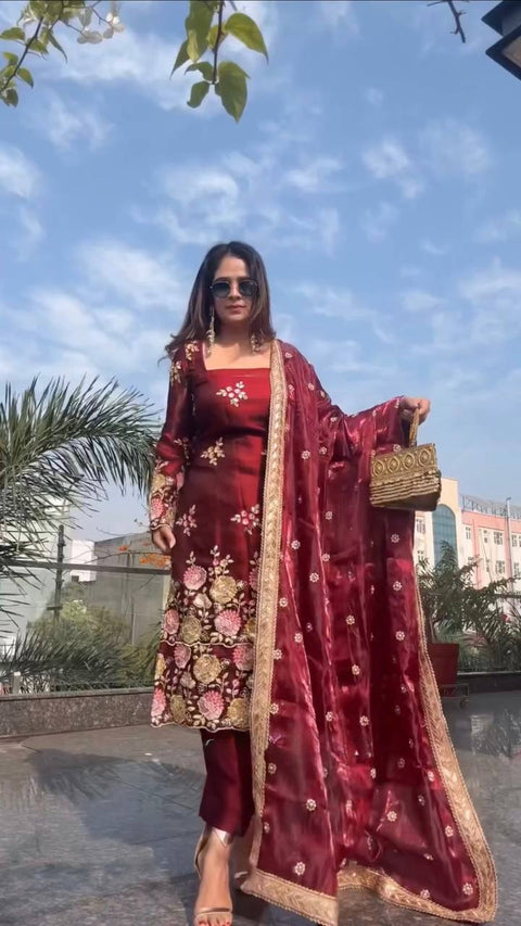 New Designer Collection In Pure Heavy  Organza poly silk With Heavy Embroidery Sequence Work Top-Bottom And Dupatta Set