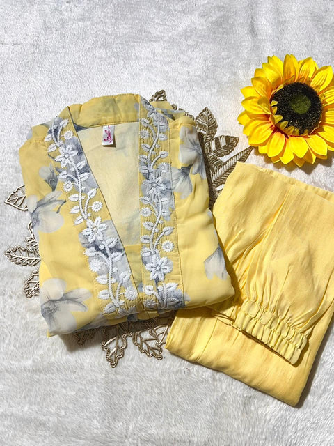 New Premium Georgette Chikankari lace V Neck Kurti Pant Set