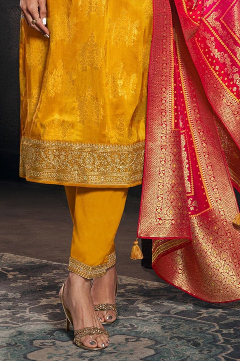 New  Designer Pure Banarasi Jequard Wiving Top With Pent & Dupatta Set