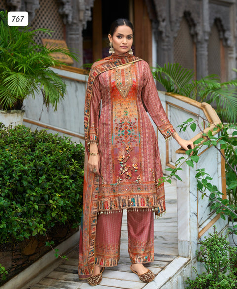 New Chinon Chiffon Pakistani Printed with handwork Pakistani Style Kurta With Palazzo & Printed Dupatta