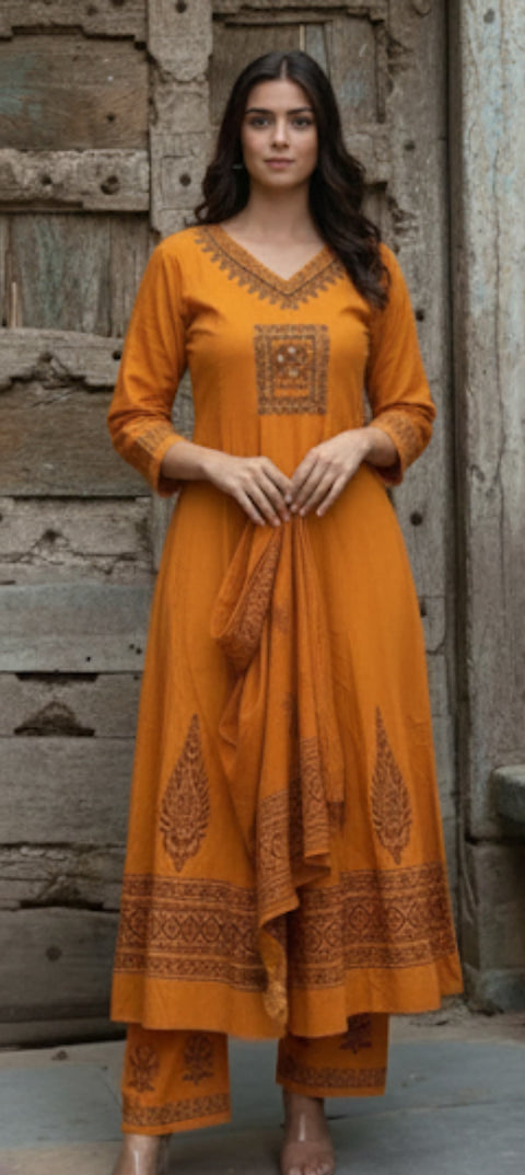 New Pure Cotton discharge print kurti with pant and mulmul printed dupatta
