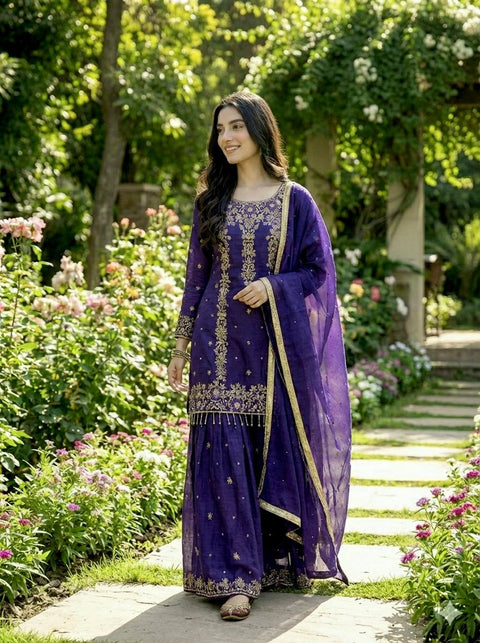 New Designer Collection In GMY SILK With Heavy Embroidery Sequence Work Top-Bottom And Dupatta Set