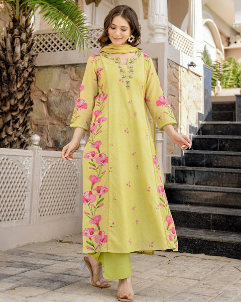 New Premium Chanderi Silk Butti Fully Stitched Kurta And Pant & Dupatta Set