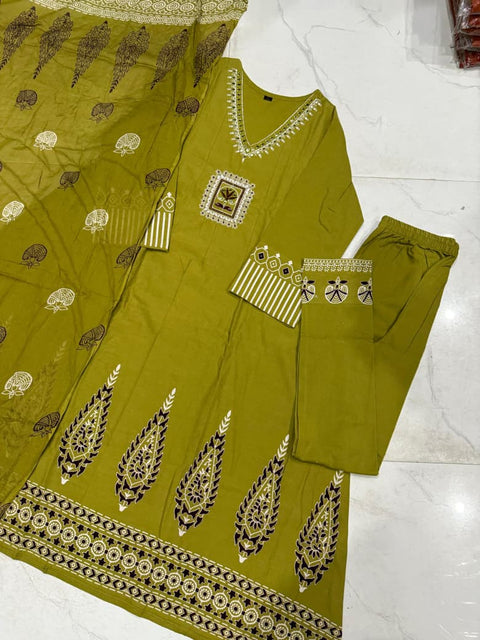New Pure Cotton discharge print kurti with pant and mulmul printed dupatta