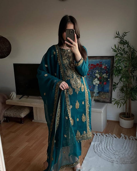 New Premium Pure Heavy Chinnon Silk With Heavy Embroidery Coding Sequence Work Dress