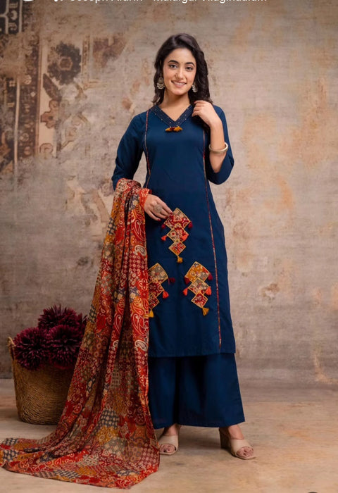 New launch 
Cotton Straight kurti with flair plazoo and dupatta sets
