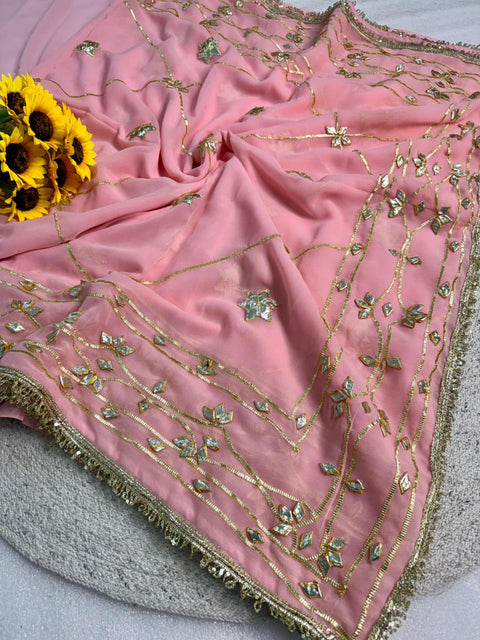 New pure chiffonJaipur Hand Dye Beautiful Gota Patti Work saree