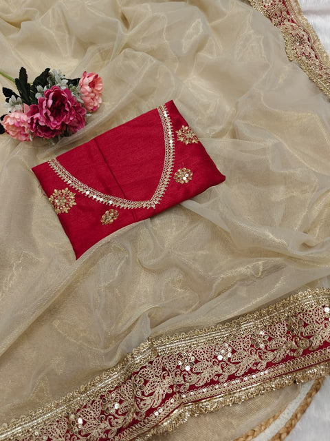 New Fancy Coding & Dual Sequence Soft Gold Twill Net saree