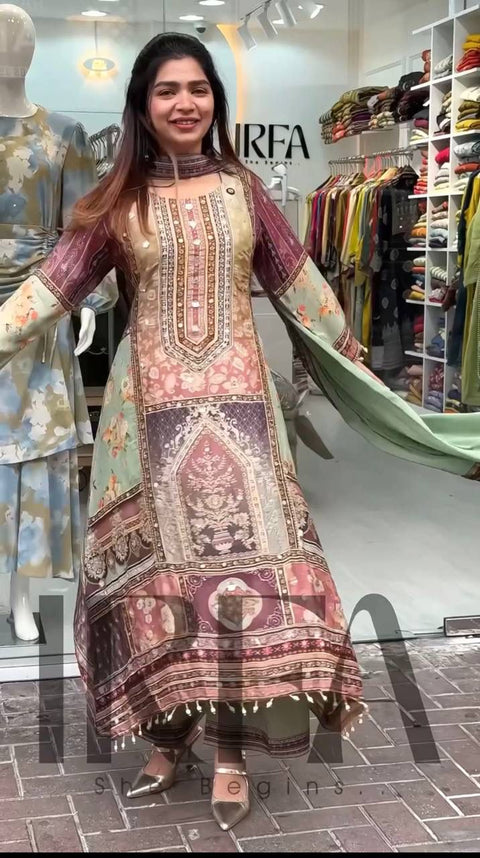 NEW DESIGNER HEAVY FUAX GEORGETTE DIGITAL PRINT HAND WORK FANCY SALWAR SUIT