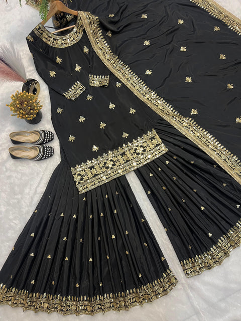 New Heavy Natural Crep With Heavy Embroidery Sequence  Work Sarara Plazo