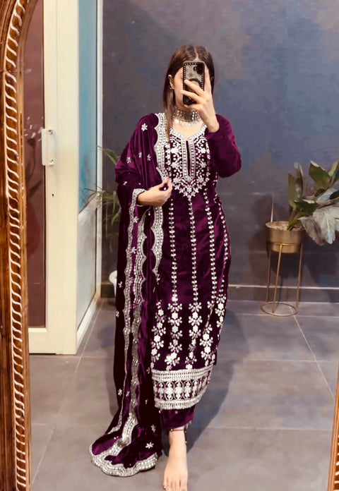 New VelvetFully Stitched Ready To WearTop -Pent  Dupatta Set