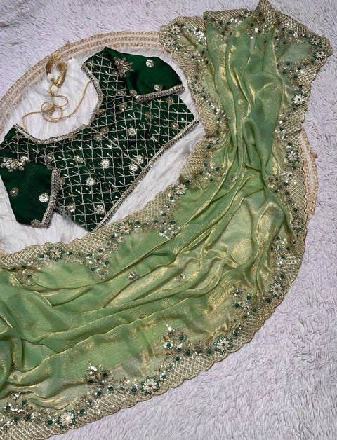 New Fendy Chiffon two ton  fully stitched Coding  sequence embroidery blouse with mirror lace touch up & fancy latkan saree