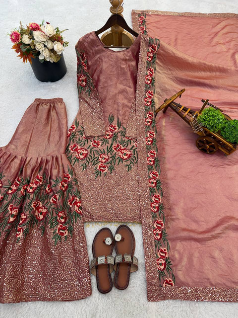 New Pure Fendy Silk With Heavy Embroidery Sequence Work Top-Bottom And Dupatta Set
