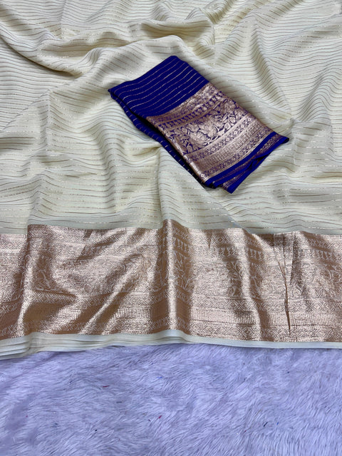 New Arrivals Pure Viscose Georgette Saree With Heavy Weaving Border and Zari Lining Concept With  Contrast Viscose Blouse